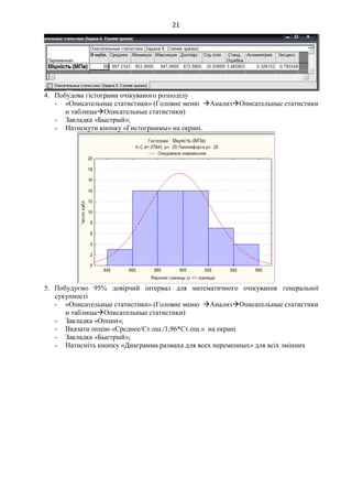 21
4. Побудова гістограми очікуваного розподілу
- «Описательные статистики» (Головне меню АнализОписательные статистики
и таблицыОписательные статистики)
- Закладка «Быстрый»;
- Натиснути кнопку «Гистограммы» на екрані.
5. Побудуємо 95% довірчий інтервал для математичного очікування генеральної
сукупності
- «Описательные статистики» (Головне меню АнализОписательные статистики
и таблицыОписательные статистики)
- Закладка «Опции»;
- Вказати опцію «Среднее/Ст.ош./1,96*Ст.ош.» на екрані
- Закладка «Быстрый»;
- Натисніть кнопку «Диаграмма размаха для всех переменных» для всіх змінних
 