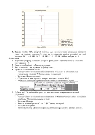 22
3. Задача. Знайти 95% довірчий інтервал для математичного сподівання твердості
сплаву (в умовних одиницях), якщо за результатами вимірів отримані наступні
значення: 14,2; 14,8; 14,0; 14,7; 13,9; 14,8; 15,1; 15,0; 14,5. Об’єм вибірки n = 9.
Розв’язання:
1. Запустити програму Statisticaта створити файл даних з однією зміною та кількістю
спостережень – 9.
2. Назва першої змінної – «Твердість сплаву».
3. Ввести значення спостережень до файлу даних.
4. Провести статистичний аналіз.
- «Описательные статистики» (Головне меню  Анализ  Описательные
статистики и таблицы  Описательные статистики)
- Закладка «Дополнительно»;
- Обрати статистики (среднее, доверит. интервал среднего 95%)
- Натиснути кнопку «Подробные описательные статистики» на екрані.
5. Побудуємо 95% довірчий інтервал для математичного очікування генеральної
сукупності
- «Описательные статистики» (Головне меню АнализОписательные статистики
и таблицыОписательные статистики)
- Закладка «Опции»;
- Вказати опцію «Среднее/Ст.ош./1,96*Ст.ош.» на екрані
- Закладка «Быстрый»;
- Натисніть кнопку «Диаграмма размаха для всех переменных» для всіх змінних
 