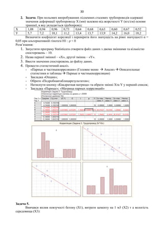 30
2. Задача. При польових випробуваннях підземних сталевих трубопроводів одержані
значення деформації трубопроводу X (мм) залежно від жорсткості Y (кгc/см) основи
траншеї, в яку укладається трубопровід:
Х 1,08 0,94 0,96 0,73 0,64 0,68 0,63 0,60 0,67 0,52
У 5,7 7,2 10,1 11,2 13,4 13,7 13,9 14,2 16,0 18,2
Визначити коефіцієнт кореляції і перевірити його значущість на рівні значущості α =
0,05 при альтернативній гіпотезі H1 : ρ < 0
Розв’язання:
1. Запустити програму Statisticaта створити файл даних з двома змінними та кількістю
спостережень – 10.
2. Назва першої змінної – «Х», другої змінна – «Y».
3. Ввести значення спостережень до файлу даних.
4. Провести статистичний аналіз.
- «Парные и частныекорреляции» (Головне меню  Анализ  Описательные
статистики и таблицы  Парные и частныекорреляции)
- Закладка «Опции»;
- Обрати «Подробнаятаблицарезультатов»;
- Натиснути кнопку «Квадратная матрица» та обрати змінні Xта Y у перший список;
- Закладка «Парные»; «Матрица парных корреляций»
Задача 5.
Вивчався вплив повзучості бетону (Х1), витрати цементу на 1 м3 (Х2) т а вологість
середовища (Х3):
 