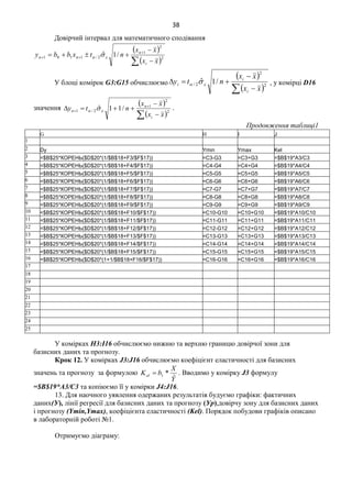 38
Довірчий інтервал для математичного сподівання
 
  

 
 2
2
1
2/1101 /1ˆ
xx
xx
ntxbby
i
n
nn  
У блоці комірок G3:G15 обчислюємо
 
  

 2
2
2/ /1ˆ
xx
xx
nty
i
i
i   , у комірці D16
значення
 
  

 
 2
2
1
2/1 /11ˆ
xx
xx
nty
i
n
n   .
Продовження таблиці1
G H I J
1
2 Dy Ymin Ymax Kel
3 =$B$25*КОРЕНЬ($D$20*(1/$B$18+F3/$F$17)) =C3-G3 =C3+G3 =$B$19*A3/C3
4 =$B$25*КОРЕНЬ($D$20*(1/$B$18+F4/$F$17)) =C4-G4 =C4+G4 =$B$19*A4/C4
5 =$B$25*КОРЕНЬ($D$20*(1/$B$18+F5/$F$17)) =C5-G5 =C5+G5 =$B$19*A5/C5
6 =$B$25*КОРЕНЬ($D$20*(1/$B$18+F6/$F$17)) =C6-G6 =C6+G6 =$B$19*A6/C6
7 =$B$25*КОРЕНЬ($D$20*(1/$B$18+F7/$F$17)) =C7-G7 =C7+G7 =$B$19*A7/C7
8 =$B$25*КОРЕНЬ($D$20*(1/$B$18+F8/$F$17)) =C8-G8 =C8+G8 =$B$19*A8/C8
9 =$B$25*КОРЕНЬ($D$20*(1/$B$18+F9/$F$17)) =C9-G9 =C9+G9 =$B$19*A9/C9
10 =$B$25*КОРЕНЬ($D$20*(1/$B$18+F10/$F$17)) =C10-G10 =C10+G10 =$B$19*A10/C10
11 =$B$25*КОРЕНЬ($D$20*(1/$B$18+F11/$F$17)) =C11-G11 =C11+G11 =$B$19*A11/C11
12 =$B$25*КОРЕНЬ($D$20*(1/$B$18+F12/$F$17)) =C12-G12 =C12+G12 =$B$19*A12/C12
13 =$B$25*КОРЕНЬ($D$20*(1/$B$18+F13/$F$17)) =C13-G13 =C13+G13 =$B$19*A13/C13
14 =$B$25*КОРЕНЬ($D$20*(1/$B$18+F14/$F$17)) =C14-G14 =C14+G14 =$B$19*A14/C14
15 =$B$25*КОРЕНЬ($D$20*(1/$B$18+F15/$F$17)) =C15-G15 =C15+G15 =$B$19*A15/C15
16 =$B$25*КОРЕНЬ($D$20*(1+1/$B$18+F16/$F$17)) =C16-G16 =C16+G16 =$B$19*A16/C16
17
18
19
20
21
22
23
24
25
У комірках H3:I16 обчислюємо нижню та верхню границю довірчої зони для
базисних даних та прогнозу.
Крок 12. У комірках J3:J16 обчислюємо коефіцієнт еластичності для базисних
значень та прогнозу за формулою
Y
X
bKel
ˆ
*1 . Вводимо у комірку J3 формулу
=$B$19*A3/C3 та копіюємо її у комірки J4:J16.
13. Для наочного уявлення одержаних результатів будуємо графіки: фактичних
даних(У), лінії регресії для базисних даних та прогнозу (Ур),довірчу зону для базисних даних
і прогнозу (Ymin,Ymax), коефіцієнта еластичності (Kel). Порядок побудови графіків описано
в лабораторній роботі №1.
Отримуємо діаграму:
 