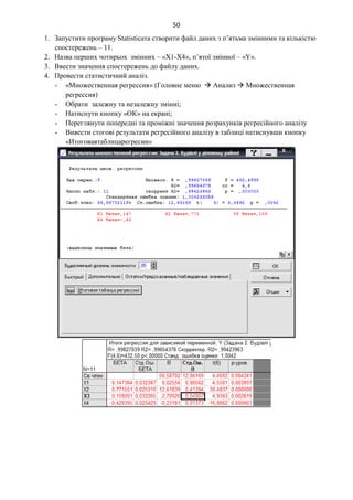 50
1. Запустити програму Statisticaта створити файл даних з п’ятьма змінними та кількістю
спостережень – 11.
2. Назва перших чотирьох змінних – «Х1-Х4», п’ятої змінної – «Y».
3. Ввести значення спостережень до файлу даних.
4. Провести статистичний аналіз.
- «Множественная регрессия» (Головне меню  Анализ  Множественная
регрессия)
- Обрати залежну та незалежну змінні;
- Натиснути кнопку «ОК» на екрані;
- Переглянути попередні та проміжні значення розрахунків регресійного аналізу
- Вивести стогові результати регресійного аналізу в таблиці натиснувши кнопку
«Итоговаятаблицарегресии»
 
