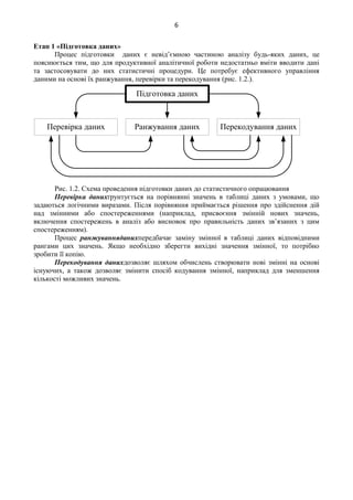 6
Етап 1 «Підготовка даних»
Процес підготовки даних є невід’ємною частиною аналізу будь-яких даних, це
пояснюється тим, що для продуктивної аналітичної роботи недостатньо вміти вводити дані
та застосовувати до них статистичні процедури. Це потребує ефективного управління
даними на основі їх ранжування, перевірки та перекодування (рис. 1.2.).
Підготовка даних
Перевірка даних Ранжування даних Перекодування даних
Рис. 1.2. Схема проведення підготовки даних до статистичного опрацювання
Перевірка данихґрунтується на порівнянні значень в таблиці даних з умовами, що
задаються логічними виразами. Після порівняння приймається рішення про здійснення дій
над змінними або спостереженнями (наприклад, присвоєння змінній нових значень,
включення спостережень в аналіз або висновок про правильність даних зв’язаних з цим
спостереженням).
Процес ранжуванняданихпередбачає заміну змінної в таблиці даних відповідними
рангами цих значень. Якщо необхідно зберегти вихідні значення змінної, то потрібно
зробити її копію.
Перекодування данихдозволяє шляхом обчислень створювати нові змінні на основі
існуючих, а також дозволяє змінити спосіб кодування змінної, наприклад для зменшення
кількості можливих значень.
 