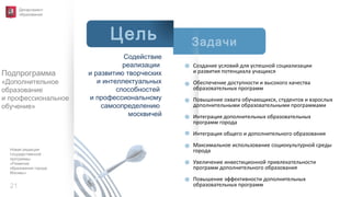 21
Новая редакция
государственной
программы
«Развитие
образования города
Москвы»
Департамент
образования
Подпрограмма
«Дополнительное
образование
и профессиональное
обучение»
Задачи
Цель
Создание условий для успешной социализации
и развития потенциала учащихся
Обеспечение доступности и высокого качества
образовательных программ
Повышение охвата обучающихся, студентов и взрослых
дополнительными образовательными программами
Интеграция дополнительных образовательных
программ города
Интеграция общего и дополнительного образования
Максимальное использование социокультурной среды
города
Увеличение инвестиционной привлекательности
программ дополнительного образования
Повышение эффективности дополнительных
образовательных программ
Содействие
реализации
и развитию творческих
и интеллектуальных
способностей
и профессиональному
самоопределению
москвичей
 