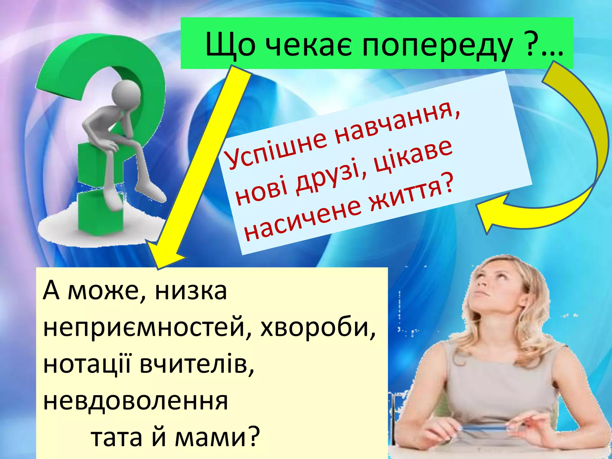 Що чекає попереду ?…
А може, низка
неприємностей, хвороби,
нотації вчителів,
невдоволення
тата й мами?
 