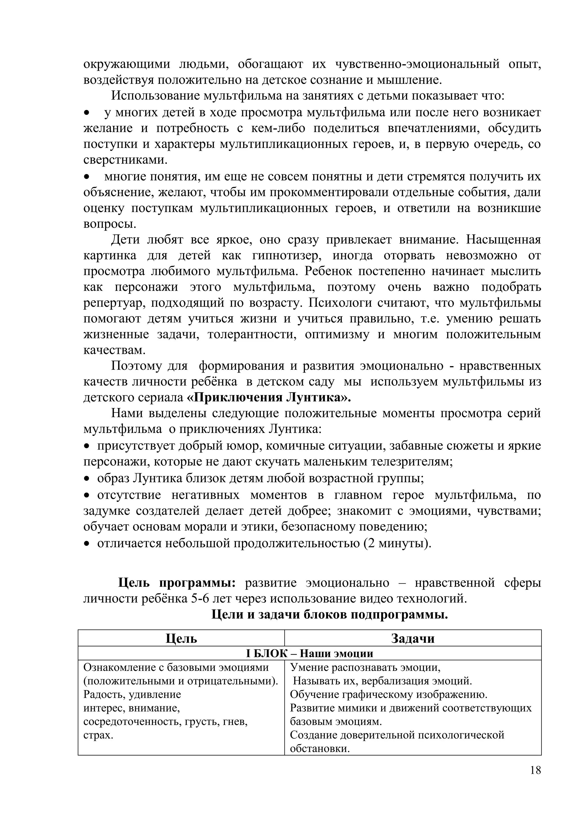 18
окружающими людьми, обогащают их чувственно-эмоциональный опыт,
воздействуя положительно на детское сознание и мышление.
Использование мультфильма на занятиях с детьми показывает что:
 у многих детей в ходе просмотра мультфильма или после него возникает
желание и потребность с кем-либо поделиться впечатлениями, обсудить
поступки и характеры мультипликационных героев, и, в первую очередь, со
сверстниками.
 многие понятия, им еще не совсем понятны и дети стремятся получить их
объяснение, желают, чтобы им прокомментировали отдельные события, дали
оценку поступкам мультипликационных героев, и ответили на возникшие
вопросы.
Дети любят все яркое, оно сразу привлекает внимание. Насыщенная
картинка для детей как гипнотизер, иногда оторвать невозможно от
просмотра любимого мультфильма. Ребенок постепенно начинает мыслить
как персонажи этого мультфильма, поэтому очень важно подобрать
репертуар, подходящий по возрасту. Психологи считают, что мультфильмы
помогают детям учиться жизни и учиться правильно, т.е. умению решать
жизненные задачи, толерантности, оптимизму и многим положительным
качествам.
Поэтому для формирования и развития эмоционально - нравственных
качеств личности ребёнка в детском саду мы используем мультфильмы из
детского сериала «Приключения Лунтика».
Нами выделены следующие положительные моменты просмотра серий
мультфильма о приключениях Лунтика:
 присутствует добрый юмор, комичные ситуации, забавные сюжеты и яркие
персонажи, которые не дают скучать маленьким телезрителям;
 образ Лунтика близок детям любой возрастной группы;
 отсутствие негативных моментов в главном герое мультфильма, по
задумке создателей делает детей добрее; знакомит с эмоциями, чувствами;
обучает основам морали и этики, безопасному поведению;
 отличается небольшой продолжительностью (2 минуты).
Цель программы: развитие эмоционально – нравственной сферы
личности ребёнка 5-6 лет через использование видео технологий.
Цели и задачи блоков подпрограммы.
Цель Задачи
I БЛОК – Наши эмоции
Ознакомление с базовыми эмоциями
(положительными и отрицательными).
Радость, удивление
интерес, внимание,
сосредоточенность, грусть, гнев,
страх.
Умение распознавать эмоции,
Называть их, вербализация эмоций.
Обучение графическому изображению.
Развитие мимики и движений соответствующих
базовым эмоциям.
Создание доверительной психологической
обстановки.
 