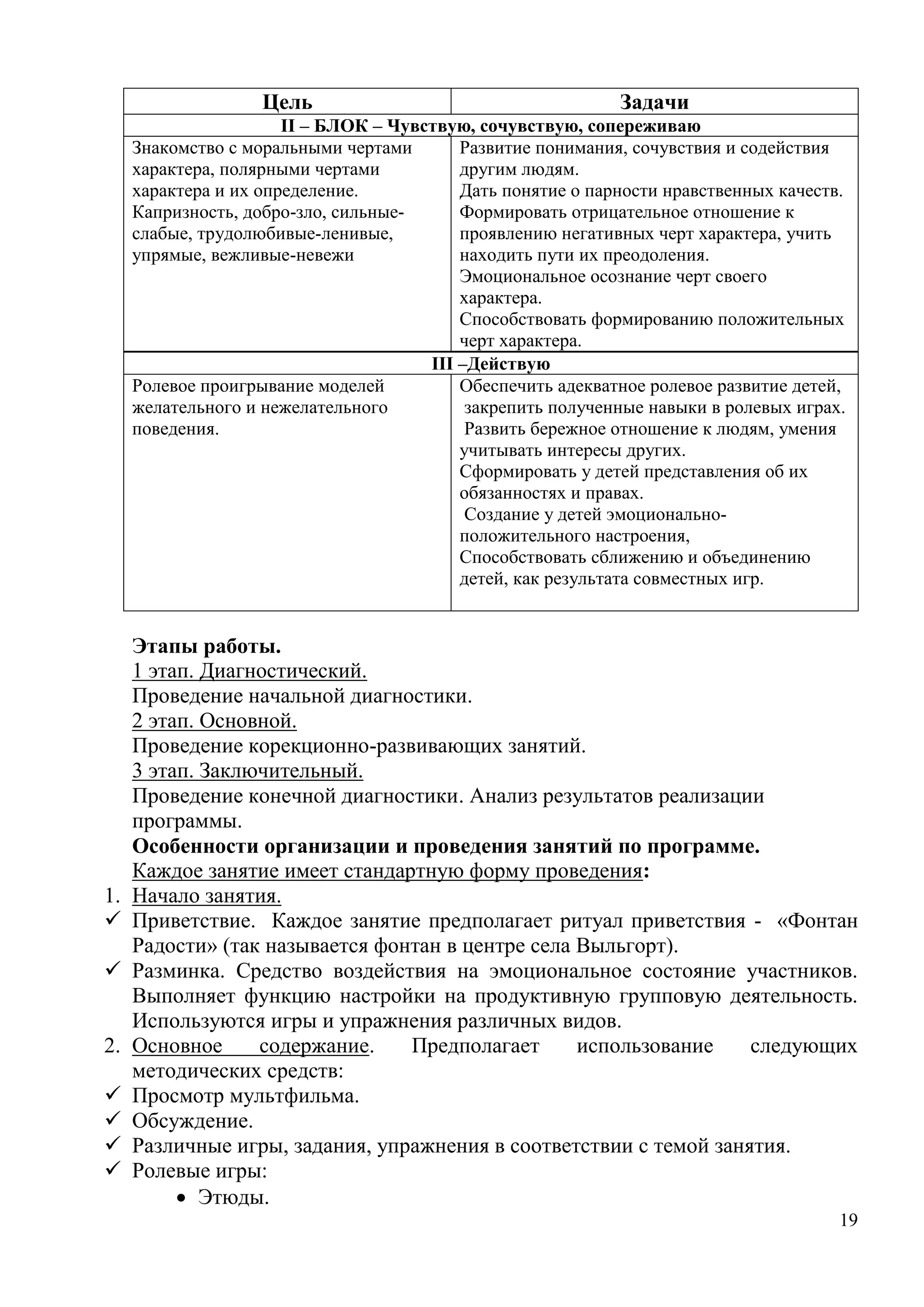 19
Цель Задачи
II – БЛОК – Чувствую, сочувствую, сопереживаю
Знакомство с моральными чертами
характера, полярными чертами
характера и их определение.
Капризность, добро-зло, сильные-
слабые, трудолюбивые-ленивые,
упрямые, вежливые-невежи
Развитие понимания, сочувствия и содействия
другим людям.
Дать понятие о парности нравственных качеств.
Формировать отрицательное отношение к
проявлению негативных черт характера, учить
находить пути их преодоления.
Эмоциональное осознание черт своего
характера.
Способствовать формированию положительных
черт характера.
III –Действую
Ролевое проигрывание моделей
желательного и нежелательного
поведения.
Обеспечить адекватное ролевое развитие детей,
закрепить полученные навыки в ролевых играх.
Развить бережное отношение к людям, умения
учитывать интересы других.
Сформировать у детей представления об их
обязанностях и правах.
Создание у детей эмоционально-
положительного настроения,
Способствовать сближению и объединению
детей, как результата совместных игр.
Этапы работы.
1 этап. Диагностический.
Проведение начальной диагностики.
2 этап. Основной.
Проведение корекционно-развивающих занятий.
3 этап. Заключительный.
Проведение конечной диагностики. Анализ результатов реализации
программы.
Особенности организации и проведения занятий по программе.
Каждое занятие имеет стандартную форму проведения:
1. Начало занятия.
 Приветствие. Каждое занятие предполагает ритуал приветствия - «Фонтан
Радости» (так называется фонтан в центре села Выльгорт).
 Разминка. Средство воздействия на эмоциональное состояние участников.
Выполняет функцию настройки на продуктивную групповую деятельность.
Используются игры и упражнения различных видов.
2. Основное содержание. Предполагает использование следующих
методических средств:
 Просмотр мультфильма.
 Обсуждение.
 Различные игры, задания, упражнения в соответствии с темой занятия.
 Ролевые игры:
 Этюды.
 