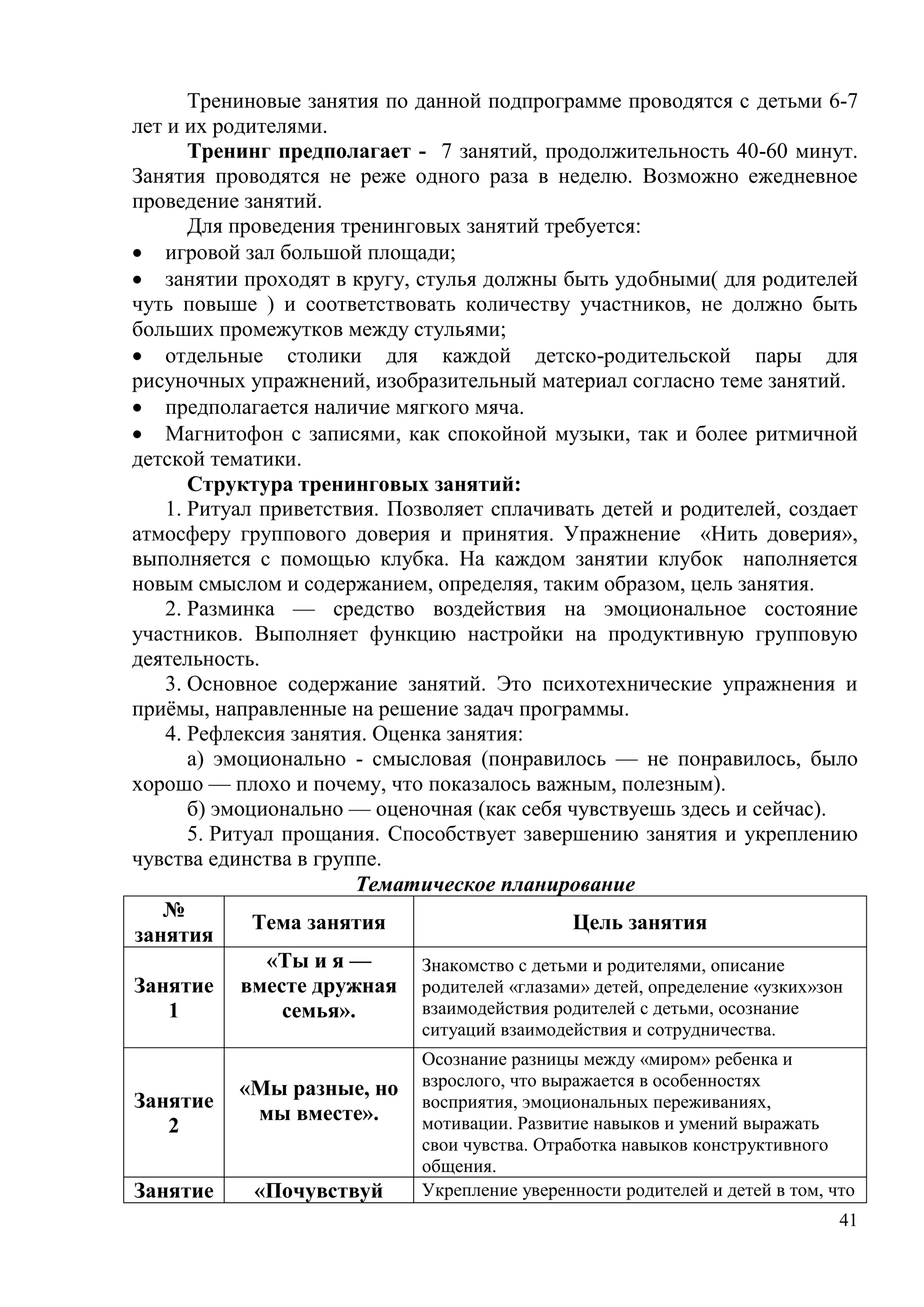 41
Трениновые занятия по данной подпрограмме проводятся с детьми 6-7
лет и их родителями.
Тренинг предполагает - 7 занятий, продолжительность 40-60 минут.
Занятия проводятся не реже одного раза в неделю. Возможно ежедневное
проведение занятий.
Для проведения тренинговых занятий требуется:
 игровой зал большой площади;
 занятии проходят в кругу, стулья должны быть удобными( для родителей
чуть повыше ) и соответствовать количеству участников, не должно быть
больших промежутков между стульями;
 отдельные столики для каждой детско-родительской пары для
рисуночных упражнений, изобразительный материал согласно теме занятий.
 предполагается наличие мягкого мяча.
 Магнитофон с записями, как спокойной музыки, так и более ритмичной
детской тематики.
Структура тренинговых занятий:
1. Ритуал приветствия. Позволяет сплачивать детей и родителей, создает
атмосферу группового доверия и принятия. Упражнение «Нить доверия»,
выполняется с помощью клубка. На каждом занятии клубок наполняется
новым смыслом и содержанием, определяя, таким образом, цель занятия.
2. Разминка — средство воздействия на эмоциональное состояние
участников. Выполняет функцию настройки на продуктивную групповую
деятельность.
3. Основное содержание занятий. Это психотехнические упражнения и
приёмы, направленные на решение задач программы.
4. Рефлексия занятия. Оценка занятия:
а) эмоционально - смысловая (понравилось — не понравилось, было
хорошо — плохо и почему, что показалось важным, полезным).
б) эмоционально — оценочная (как себя чувствуешь здесь и сейчас).
5. Ритуал прощания. Способствует завершению занятия и укреплению
чувства единства в группе.
Тематическое планирование
№
занятия
Тема занятия Цель занятия
Занятие
1
«Ты и я —
вместе дружная
семья».
Знакомство с детьми и родителями, описание
родителей «глазами» детей, определение «узких»зон
взаимодействия родителей с детьми, осознание
ситуаций взаимодействия и сотрудничества.
Занятие
2
«Мы разные, но
мы вместе».
Осознание разницы между «миром» ребенка и
взрослого, что выражается в особенностях
восприятия, эмоциональных переживаниях,
мотивации. Развитие навыков и умений выражать
свои чувства. Отработка навыков конструктивного
общения.
Занятие «Почувствуй Укрепление уверенности родителей и детей в том, что
 