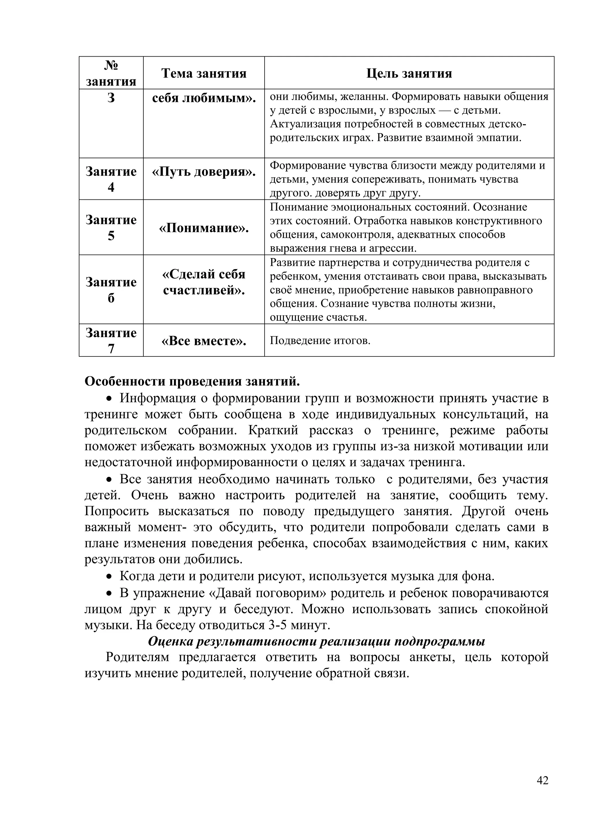 42
№
занятия
Тема занятия Цель занятия
З себя любимым». они любимы, желанны. Формировать навыки общения
у детей с взрослыми, у взрослых — с детьми.
Актуализация потребностей в совместных детско-
родительских играх. Развитие взаимной эмпатии.
Занятие
4
«Путь доверия». Формирование чувства близости между родителями и
детьми, умения сопереживать, понимать чувства
другого. доверять друг другу.
Занятие
5
«Понимание».
Понимание эмоциональных состояний. Осознание
этих состояний. Отработка навыков конструктивного
общения, самоконтроля, адекватных способов
выражения гнева и агрессии.
Занятие
б
«Сделай себя
счастливей».
Развитие партнерства и сотрудничества родителя с
ребенком, умения отстаивать свои права, высказывать
своё мнение, приобретение навыков равноправного
общения. Сознание чувства полноты жизни,
ощущение счастья.
Занятие
7
«Все вместе». Подведение итогов.
Особенности проведения занятий.
 Информация о формировании групп и возможности принять участие в
тренинге может быть сообщена в ходе индивидуальных консультаций, на
родительском собрании. Краткий рассказ о тренинге, режиме работы
поможет избежать возможных уходов из группы из-за низкой мотивации или
недостаточной информированности о целях и задачах тренинга.
 Все занятия необходимо начинать только с родителями, без участия
детей. Очень важно настроить родителей на занятие, сообщить тему.
Попросить высказаться по поводу предыдущего занятия. Другой очень
важный момент- это обсудить, что родители попробовали сделать сами в
плане изменения поведения ребенка, способах взаимодействия с ним, каких
результатов они добились.
 Когда дети и родители рисуют, используется музыка для фона.
 В упражнение «Давай поговорим» родитель и ребенок поворачиваются
лицом друг к другу и беседуют. Можно использовать запись спокойной
музыки. На беседу отводиться 3-5 минут.
Оценка результативности реализации подпрограммы
Родителям предлагается ответить на вопросы анкеты, цель которой
изучить мнение родителей, получение обратной связи.
 