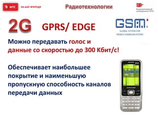 Можно передавать голос и
данные со скоростью до 300 Kбит/c!
Обеспечивает наибольшее
покрытие и наименьшую
пропускную способность каналов
передачи данных
НА ШАГ ВПЕРЕДИ
GPRS/ EDGE
 