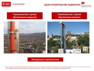 НА ШАГ ВПЕРЕДИ
Мы создаем возможности развития, расширяя границы людей и бизнеса, для уверенного будущего МТС
Строительство с целью
обеспечения покрытия
Строительство с целью
обеспечения емкости
Имиджевое строительство
ЦЕЛИ СТРОИТЕЛЬСТВА РАДИОСЕТИ
 