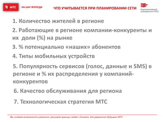 НА ШАГ ВПЕРЕДИ
Мы создаем возможности развития, расширяя границы людей и бизнеса, для уверенного будущего МТС
ЧТО УЧИТЫВАЕТСЯ ПРИ ПЛАНИРОВАНИИ СЕТИ
1. Количество жителей в регионе
2. Работающие в регионе компании-конкуренты и
их доли (%) на рынке
3. % потенциально «наших» абонентов
5. Популярность сервисов (голос, данные и SMS) в
регионе и % их распределения у компаний-
конкурентов
7. Технологическая стратегия МТС
4. Типы мобильных устройств
6. Качество обслуживания для региона
 