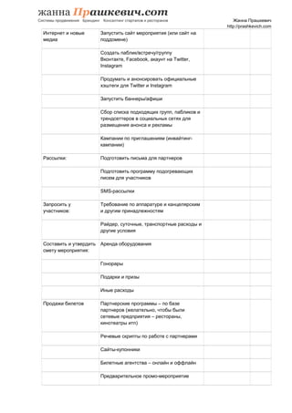 Жанна Прашкевич
http://prashkevich.com
Интернет и новые
медиа
Запустить сайт мероприятия (или сайт на
поддомене)
Создать паблик/встречу/группу
Вконтакте, Facebook, акаунт на Twitter,
Instagram
Продумать и анонсировать официальные
хэштеги для Twitter и Instagram
Запустить баннеры/афиши
Сбор списка подходящих групп, пабликов и
трендсеттеров в социальных сетях для
размещения анонса и рекламы
Кампании по приглашениям (инвайтинг-
кампании)
Рассылки: Подготовить письма для партнеров
Подготовить программу подогревающих
писем для участников
SMS-рассылки
Запросить у
участников:
Требование по аппаратуре и канцелярским
и другим принадлежностям
Райдер, суточные, транспортные расходы и
другие условия
Составить и утвердить
смету мероприятия:
Аренда оборудования
Гонорары
Подарки и призы
Иные расходы
Продажи билетов Партнерские программы – по базе
партнеров (желательно, чтобы были
сетевые предприятия – рестораны,
кинотеатры итп)
Речевые скрипты по работе с партнерами
Сайты-купонники
Билетные агентства – онлайн и оффлайн
Предварительное промо-мероприятие
 