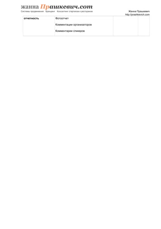 Жанна Прашкевич
http://prashkevich.com
отчетность Фотоотчет
Комментации организаторов
Комментарии спикеров
 