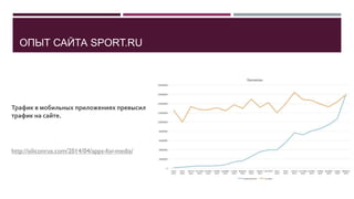 ОПЫТ САЙТА SPORT.RU
Трафик в мобильных приложениях превысил
трафик на сайте уже в 2014 году.
http://siliconrus.com/2014/04/apps-for-media/
 