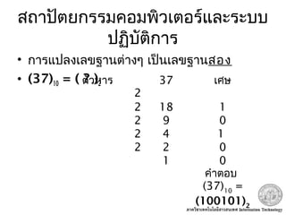 สถาปัตยกรรมคอมพิวเตอร์และระบบ
ปฏิบัติการ
• การแปลงเลขฐานต่างๆ เป็นเลขฐานสอง
• (37)10 = ( ? )2ตัวหาร
2
37 เศษ
2 18 1
2 9 0
2 4 1
2 2 0
1 0
คำาตอบ
(37)10
=
(100101)2
 