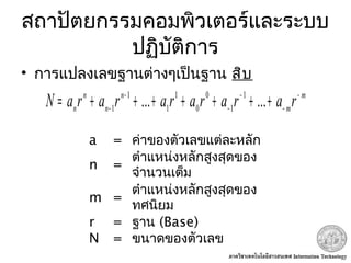 สถาปัตยกรรมคอมพิวเตอร์และระบบ
ปฏิบัติการ
• การแปลงเลขฐานต่างๆเป็นฐาน สิบ
m
m
n
n
n
n
rarararararaN −
−
−
−
−
−
+++++++= ...... 1
1
0
0
1
1
1
1
a = ค่าของตัวเลขแต่ละหลัก
n =
ตำาแหน่งหลักสูงสุดของ
จำานวนเต็ม
m =
ตำาแหน่งหลักสูงสุดของ
ทศนิยม
r = ฐาน (Base)
N = ขนาดของตัวเลข
 