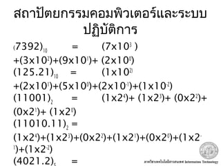 สถาปัตยกรรมคอมพิวเตอร์และระบบ
ปฏิบัติการ
(7392)10
= (7x103
)
+(3x102
)+(9x101
)+ (2x100
)
(125.21)10
= (1x102)
+(2x101
)+(5x100
)+(2x10-1
)+(1x10-2
)
(11001)2
= (1x24
)+ (1x23
)+ (0x22
)+
(0x21
)+ (1x20
)
(11010.11)2
=
(1x24
)+(1x23
)+(0x22
)+(1x21
)+(0x20
)+(1x2-
1
)+(1x2-2
)
(4021.2) =
 