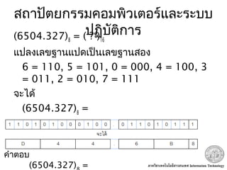 สถาปัตยกรรมคอมพิวเตอร์และระบบ
ปฏิบัติการ(6504.327)8 = ( ? )16
แปลงเลขฐานแปดเป็นเลขฐานสอง
6 = 110, 5 = 101, 0 = 000, 4 = 100, 3
= 011, 2 = 010, 7 = 111
จะได้
(6504.327)8
=
( 110101000100.011010111 )2
จากนั้นแปลงเลขฐานสองเป็นเลขฐานสิบหก
คำาตอบ
(6504.327) =
 