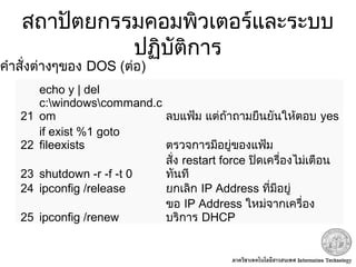 สถาปัตยกรรมคอมพิวเตอร์และระบบ
ปฏิบัติการ
21
echo y | del
c:windowscommand.c
om ลบแฟ้ม แต่ถ้าถามยืนยันให้ตอบ yes
22
if exist %1 goto
fileexists ตรวจการมีอยู่ของแฟ้ม
23 shutdown -r -f -t 0
สั่ง restart force ปิดเครื่องไม่เตือน
ทันที
24 ipconfig /release ยกเลิก IP Address ที่มีอยู่
25 ipconfig /renew
ขอ IP Address ใหม่จากเครื่อง
บริการ DHCP
คำาสั่งต่างๆของ DOS (ต่อ)
 