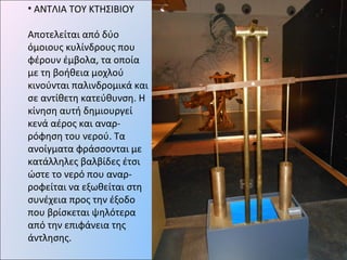 • ΑΝΤΛΙΑ ΤΟΥ ΚΤΗΣΙΒΙΟΥ
Αποτελείται από δύο
όμοιους κυλίνδρους που
φέρουν έμβολα, τα οποία
με τη βοήθεια μοχλού
κινούνται παλινδρομικά και
σε αντίθετη κατεύθυνση. Η
κίνηση αυτή δημιουργεί
κενά αέρος και αναρ-
ρόφηση του νερού. Τα
ανοίγματα φράσσονται με
κατάλληλες βαλβίδες έτσι
ώστε το νερό που αναρ-
ροφείται να εξωθείται στη
συνέχεια προς την έξοδο
που βρίσκεται ψηλότερα
από την επιφάνεια της
άντλησης.
 