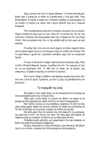 Όμως ύστερα από λίγο τα άχυρα έσβησαν. Η σπηλιά ξαναπάγωσε.
Βγήκε πάλι ο Ιωσήφ και τα πόδια του μπερδεύτηκαν σ’ ένα ξερό κλαδί. Ήταν
δεντρολίβανο. Ο Ιωσήφ το άναψε και η Παναγία ευχήθηκε να μοσχομυρίζει και
να στολίζει τις εικόνες των Αγίων. Μα η φωτιά κράτησε λίγο και η παγωνιά
δυνάμωσε.
Τότε ο Ιωσήφ άκουσε μέσα από το σακούλι του φωνές που του έλεγαν:
Πήγαινε Ιωσήφ στη μάνα μας την ελιά, πάνω απ’ τη σπηλιά και πες της πως
κινδυνεύει ο Χριστός. Θα στενοχωρηθεί πολύ που το ξέραμε και δεν της είπαμε
τίποτα. Ήταν μια χούφτα ελιές που τις είχε φυλάξει μαζί με λίγο ψωμί για ώρα
ανάγκης.
Ο Ιωσήφ πήγε στην ελιά και εκείνη άρχισε να σπάει κομμάτια ξύλου
από το γέρικο κορμό της και να τα σπρώχνει προς την είσοδο της σπηλιάς. Όλη
τη νύχτα έκαιγε η φωτιά και η ζεστασιά απλώθηκε γύρω από τον νεογέννητο
Χριστό.
Το πρωί το δέντρο δεν υπήρχε παρά μόνο ένα κούτσουρο ρίζας. Όταν
το είδε η Παναγία δάκρυσε, έσκυψε, το χάιδεψε και είπε. Την ευχή μου να ’χεις
και να μην ξεραίνεσαι ποτέ. Το λάδι σου να τρέφει και να φωτίζει τους
ανθρώπους. Το βράδυ να φωτίζεις το καντήλι του Χριστού.
Έτσι κι έγινε. Μέχρι το βράδυ η ελιά ξανάγινε μεγάλη όπως ήταν πριν.
Από τότε η ελιά δε γερνά. Ξεραίνεται, μα από τις ρίζες της ξαναβλασταίνει και
ξανανιώνει.
Το παραμύθι της ελιάς
Μια φορά κι έναν καιρό ζούσε σε μια φτωχογειτονιά ένα φτωχό μα
πολύ καλόκαρδο κορίτσι που το έλεγαν Ελιά.
Κάθε μέρα η Ελιά γύριζε τη γειτονιά και έβλεπε τον κόσμο να ζει
φτωχός και δυστυχισμένος και γύριζε στο σπίτι της πολύ στενοχωρημένη.
Κάτι πρέπει να κάνω να τους βοηθήσω, σκεφτόταν. Κι από την άλλη
μέρα κιόλας άρχισε. Βγήκε στη γειτονιά, κράτησε τα παιδιά της γειτόνισσας για
να πάει να δουλέψει και να μπορεί να φέρει στα παιδιά της λίγο φαΐ.
Μια άλλη μέρα πήγε στη γριούλα που ήταν άρρωστη, της μαγείρεψε,
της σκούπισε το σπίτι, την έπλυνε, την τάισε. Την άλλη μέρα πάλι έβγαλε τον
παράλυτο γέρο με το καρότσι του βόλτα, για να πάρει αέρα και ήλιο.
Τα βράδια γύριζε κατάκοπη, μα ευχαριστημένη που είχε καταφέρει να
δώσει λίγη χαρά στους φτωχούς ανθρώπους.
Οι μέρες περνούσαν κι η Ελιά όλο δούλευε, όσο αδυνάτιζε. Μα έβλεπε
πως ό,τι κι αν έκανε, ο κόσμος ήταν πάντα φτωχός και δυστυχισμένος.
 