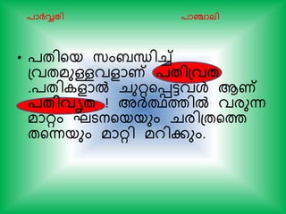 • ്തിയയ സ്ംബന്ധിച്ച്
പവതമുള്ളവളാണ് പേിപ്വേ
.്തി ളാല്‍ ചുറയെട്ടവള്‍ ആണ്
പേിവൃേ ! അര്‍ദ്ഥത്തില്‍ വരുന്ന
മാറം ഘടനയയയും ചരിപതയത്ത
തയന്നയും മാറി മറികും.
പാര്‍ക്വേി പാഞ്ചാലി
 