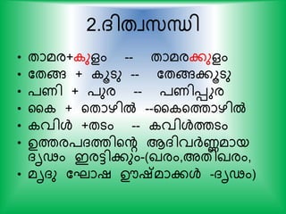 2.ദിതവസ്ന്ധി
• താമര+ ുളം -- താമരകുളം
• കതങ്ങ + ൂടു -- കതങ്ങകൂടു
• ്ണി + ്ുര -- ്ണിെുര
• ഹ + യതാഴില്‍ --ഹ യത്താഴില്‍
• വിള്‍ +തടം -- വിള്‍ത്തടം
• ഉത്തര്ദത്തിയന്‍റ ആദിവര്‍ദ്ണമായ
ദൃഢം ഇരട്ടികും-(ഖരം,അതിഖരം,
• മൃദു കഘാഷ ഊഷ്മാകള്‍ -ദൃഢം)
 