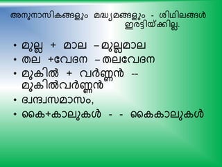 അനുനാസ്ി ങ്ങളും മദ്ധ്യമങ്ങളും - ശിഥിലങ്ങള്‍
ഇരട്ടിയ്കകിലല.
• മുലല + മാല – മുലലമാല
• തല +കവദന – തലകവദന
• മു ില്‍ + വര്‍ദ്ണന്‍ --
മു ില്‍വര്‍ദ്ണന്‍
• ദവരവസ്മാസ്ം,
• ഹ + ാലു ള്‍ - - ഹ ാലു ള്‍
 