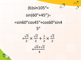 (b)sin105°=
sin(60°+45°)=
=sin60°cos45°+cos60°sin4
5°
=
3
2
×
2
2
+
1
2
×
2
2
=
6+ 2
4
 