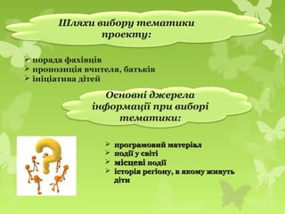 Шляхи вибору тематики
проекту:
 програмовий матеріалпрограмовий матеріал
 події у світіподії у світі
 місцевімісцеві подіїподії
 історія регіону, в якому живутьісторія регіону, в якому живуть
дітидіти
 порада фахівців
 пропозиція вчителя, батьків
 ініціатива дітей
 