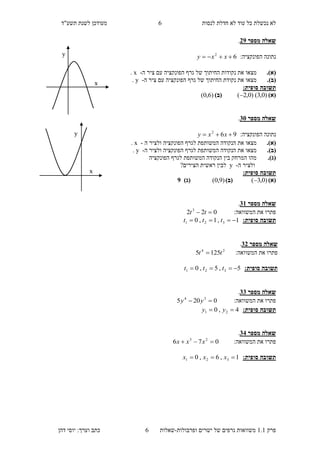 ‫לנסות‬ ‫חדלת‬ ‫לא‬ ‫עוד‬ ‫כל‬ ‫נכשלת‬ ‫לא‬"‫תשע‬ ‫לשנת‬ ‫מעודכן‬‫ד‬
‫פ‬‫רק‬1.1‫ישרים‬ ‫של‬ ‫גרפים‬ ‫משוואות‬‫ופרבולות‬-‫ש‬‫א‬‫ל‬‫ו‬‫ת‬6‫דהן‬ ‫יוסי‬ :‫וערך‬ ‫כתב‬
6
‫מספר‬ ‫שאלה‬19.
:‫הפונקציה‬ ‫נתונה‬62
 xxy
.)‫(א‬‫מצא‬‫ו‬‫ה‬ ‫ציר‬ ‫עם‬ ‫הפונקציה‬ ‫גרף‬ ‫של‬ ‫החיתוך‬ ‫נקודות‬ ‫את‬-x.
.)‫(ב‬‫מצא‬‫ו‬‫ה‬ ‫ציר‬ ‫עם‬ ‫הפונקציה‬ ‫גרף‬ ‫של‬ ‫החיתוך‬ ‫נקודת‬ ‫את‬-y.
‫סופית‬ ‫תשובה‬:
)‫(א‬)0,3()0,2()‫(ב‬)6,0(
‫מספר‬ ‫שאלה‬15.
:‫הפונקציה‬ ‫נתונה‬962
 xxy
.)‫(א‬‫מצא‬‫ו‬‫ה‬ ‫ולציר‬ ‫הפונקציה‬ ‫לגרף‬ ‫המשותפת‬ ‫הנקודה‬ ‫את‬-x.
.)‫(ב‬‫מצא‬‫ו‬‫ה‬ ‫ולציר‬ ‫הפונקציה‬ ‫לגרף‬ ‫המשותפת‬ ‫הנקודה‬ ‫את‬-y.
.)‫(ג‬‫הפונקציה‬ ‫לגרף‬ ‫המשותפת‬ ‫הנקודה‬ ‫בין‬ ‫המרחק‬ ‫מהו‬
‫ה‬ ‫ולציר‬-y?‫הצירים‬ ‫ראשית‬ ‫לבין‬
‫סופית‬ ‫תשובה‬:
)‫(א‬)0,3()‫(ב‬)9,0()‫(ג‬9
‫מספר‬ ‫שאלה‬13.
:‫המשוואה‬ ‫את‬ ‫פתרו‬022 3
 tt
:‫סופית‬ ‫תשובה‬1,1,0 321  ttt
‫מספר‬ ‫שאלה‬11.
:‫המשוואה‬ ‫את‬ ‫פתרו‬24
1255 tt 
:‫סופית‬ ‫תשובה‬5,5,0 321  ttt
‫מספר‬ ‫שאלה‬11.
:‫המשוואה‬ ‫את‬ ‫פתרו‬0205 34
 yy
:‫סופית‬ ‫תשובה‬4,0 21  yy
‫מספר‬ ‫שאלה‬11.
‫המשו‬ ‫את‬ ‫פתרו‬:‫ואה‬076 23
 xxx
:‫סופית‬ ‫תשובה‬1,6,0 321  xxx
y
x
y
x
 