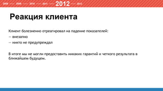 Реакция клиента
Клиент болезненно отреагировал на падение показателей:
— внезапно
— никто не предупреждал
В итоге мы не могли предоставить никаких гарантий и четкого результата в
ближайшем будущем.
 