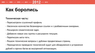 Как боролись
Техническая часть:
- Пересмотрели ссылочный профиль
- Увеличили количество безанкорных ссылок и с разбавочными анкорами.
- Расширили семантическое ядро.
- Добавили новые сем группы и расширили текущие.
- Переписали мета-теги.
- Решали технические вопросы с дублями продвигаемых страниц
- Периодически проводили технический аудит для обнаружения и устранения
дублей и прочих багов во внутренней оптимизации.
 