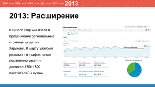 2013: Расширение
В начале года мы взяли в
продвижение региональные
страницы услуг по
Харькову. К марту уже был
результат и трафик начал
постепенно расти и
достигал 1700-1800
посетителей в сутки.
 