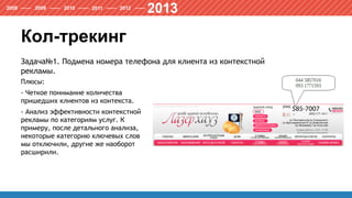 Кол-трекинг
Плюсы:
- Четкое понимание количества
пришедших клиентов из контекста.
- Анализ эффективности контекстной
рекламы по категориям услуг. К
примеру, после детального анализа,
некоторые категорию ключевых слов
мы отключили, другие же наоборот
расширили.
Задача№1. Подмена номера телефона для клиента из контекстной
рекламы.
 