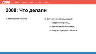 2008: Что делали
1. Написание текстов 2. Внутренняя оптимизация:
— создание страниц,
— размещение метатегов,
— покупка арендных ссылок.
 