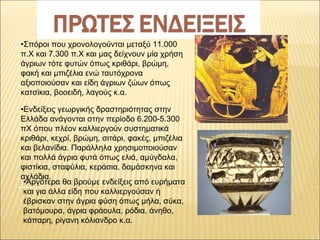 •Σπόροι που χρονολογούνται μεταξύ 11.000
π.Χ και 7.300 π.Χ και μας δείχνουν μία χρήση
άγριων τότε φυτών όπως κριθάρι, βρώμη,
φακή και μπιζέλια ενώ ταυτόχρονα
αξιοποιούσαν και είδη άγριων ζώων όπως
κατσίκια, βοοειδή, λαγούς κ.α.
•Ενδείξεις γεωργικής δραστηριότητας στην
Ελλάδα ανάγονται στην περίοδο 6.200-5.300
πΧ όπου πλέον καλλιεργούν συστηματικά
κριθάρι, κεχρί, βρώμη, σιτάρι, φακές, μπιζέλια
και βελανίδια. Παράλληλα χρησιμοποιούσαν
και πολλά άγρια φυτά όπως ελιά, αμύγδαλα,
φιστίκια, σταφύλια, κεράσια, δαμάσκηνα και
αχλάδια.
•Αργότερα θα βρούμε ενδείξεις από ευρήματα
και για άλλα είδη που καλλιεργούσαν ή
έβρισκαν στην άγρια φύση όπως μήλα, σύκα,
βατόμουρα, άγρια φράουλα, ρόδια, άνηθο,
κάπαρη, ρίγανη κόλιανδρο κ.α.
 