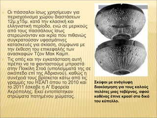 ✕ Οι πάσσαλοι ίσως χρησίμευαν για
περισχοίνισμα χώρου διαστάσεων
12μ.χ15μ. κατά την κλασική και
ελληνιστική περίοδο, ενώ σε μερικούς
από τους πασσάλους ίσως
στερεώνονταν και ικρία που πιθανώς
συγκρατούσαν υφασμάτινες
κατασκευές για σκίαση, σύμφωνα με
την έκθεση του επικεφαλής των
ανασκαφών Τζον Μακ Καμπ.
✕ Τις οπές και την εγκατάσταση αυτή
πρέπει να τα φανταστούμε μπροστά
στην Ποικίλη Στοά (υπολείμματά της σε
οικόπεδο επί της Αδριανού), καθώς η
συνέχειά τους βρίσκεται κάτω από τις
γραμμές του ΗΣΑΠ όπου το 2010 και
το 2011 έσκαβε η Α' Εφορεία
Ακρόπολης. Εκεί εντοπίστηκαν
στρώματα πατημένου χώματος.
Σκύφοι με ανάγλυφη
διακόσμηση για τους καλούς
πελάτες μιας ταβέρνας, αφού
καθένας έπινε κρασί στο δικό
του κύπελλο.
 