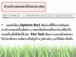 ส่วนประกอบของโปรแกรม (ต่อ)
• แถบตัวเลือก (Options Bar) เป็นส่วนที่ใช้ในการปรับแต่ง
การทางานของเครื่องมือต่าง ๆ รายละเอียดในออปชั่นบาร์จะเปลี่ยนไป
ตามเครื่องมือที่เลือกใช้ เช่น Pen Tool เป็นการวาดภาพด้วยปากกา
ไม่ว่าจะเป็นการวาดอิสระหรือมีรูปร่าง รูปทรงต่าง ๆ มาให้เลือก เป็นต้น
 