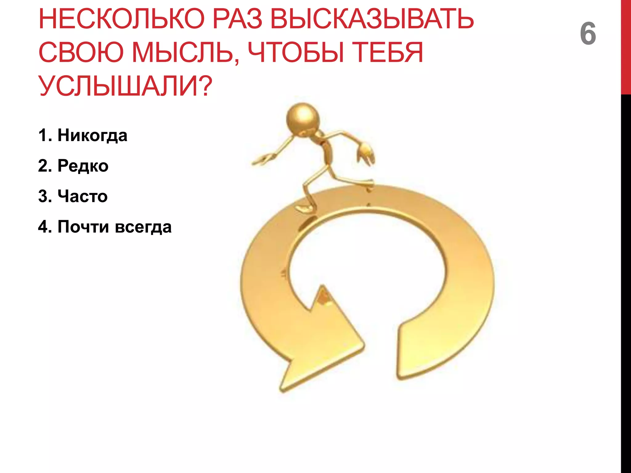 НЕСКОЛЬКО РАЗ ВЫСКАЗЫВАТЬ
СВОЮ МЫСЛЬ, ЧТОБЫ ТЕБЯ
УСЛЫШАЛИ?
1. Никогда
2. Редко
3. Часто
4. Почти всегда
6