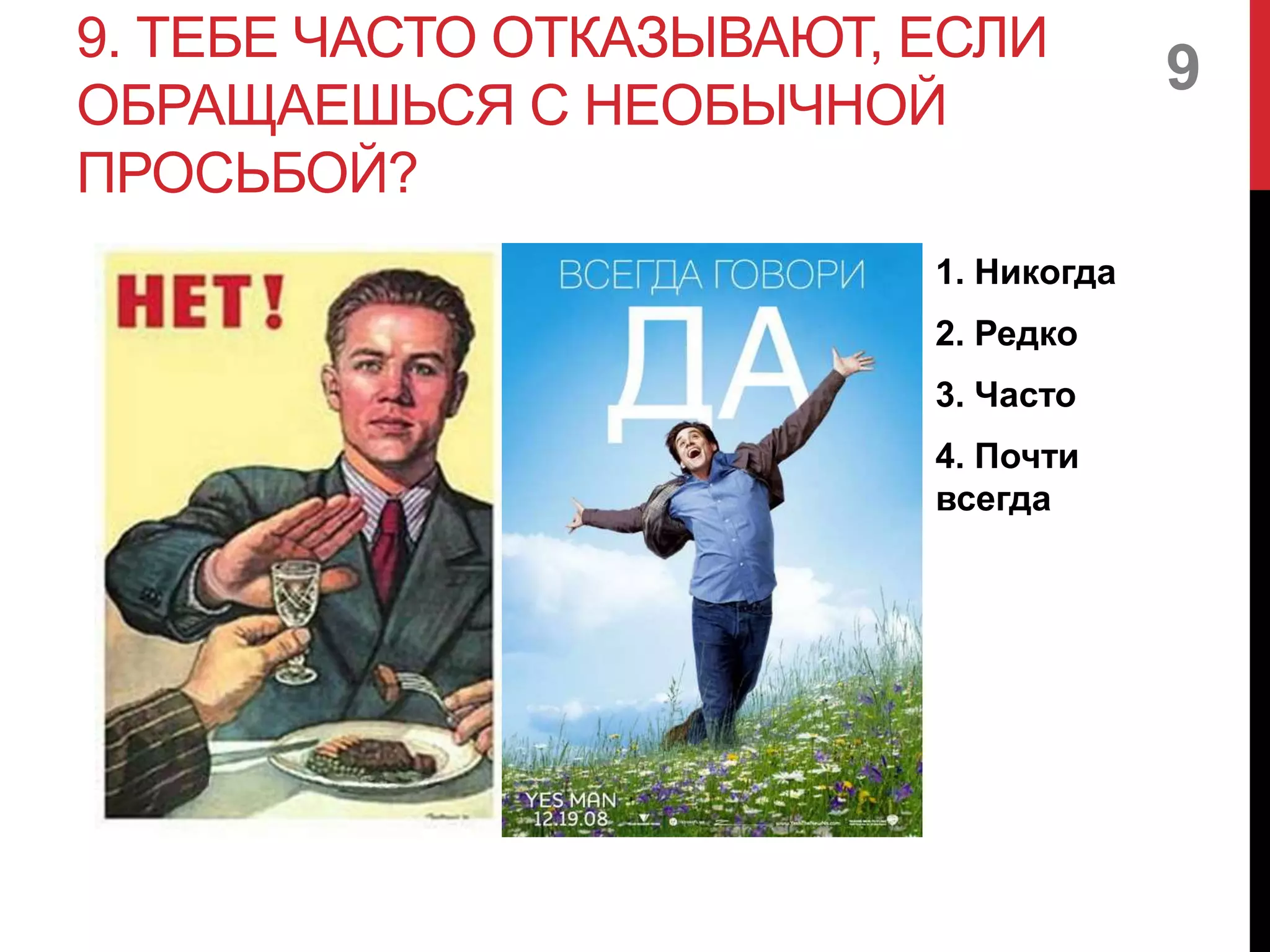 9. ТЕБЕ ЧАСТО ОТКАЗЫВАЮТ, ЕСЛИ
ОБРАЩАЕШЬСЯ С НЕОБЫЧНОЙ
ПРОСЬБОЙ?
1. Никогда
2. Редко
3. Часто
4. Почти
всегда
9