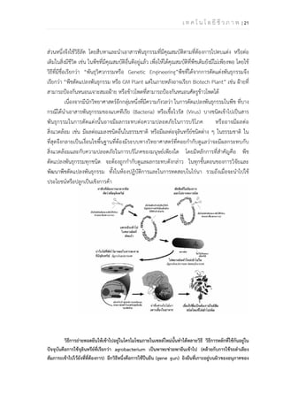 เ ท ค โ น โ ล ยี ชี ว ภ า พ | 21
ส่วนหนึ่งจึงใช้วิธีลัด โดยสืบหาและนําเอาสารพันธุกรรมที่มีคุณสมบัติตามที่ต้องการไปตบแต่ง หรือต่อ
เติมในสิ่งมีชีวิต เช่น ในพืชที่มีคุณสมบัติอื่นดีอยู่แล้ว เพื่อให้ได้คุณสมบัติที่พืชเดิมยังมีไม่เพียงพอ โดยใช้
วิธีที่มีชื่อเรียกว่า “พันธุวิศวกรรมหรือ Genetic Engineering”พืชที่ได้จากการตัดแต่งพันธุกรรมจึง
เรียกว่า “พืชดัดแปลงพันธุกรรม หรือ GM Plant แต่ในภายหลังอาจเรียก Biotech Plant” เช่น ฝ้ายที่
สามารถป้องกันหนอนเจาะสมอฝ้าย หรือข้าวโพดที่สามารถป้องกันหนอนศัตรูข้าวโพดได้
เนื่องจากมีนักวิทยาศาสตร์อีกกลุ่มหนึ่งที่มีความกังวลว่า ในการดัดแปลงพันธุกรรมในพืช ที่บาง
กรณีได้นําเอาสารพันธุกรรมของแบคทีเรีย (Bacteria) หรือเชื้อไวรัส (Virus) บางชนิดเข้าไปเป็นสาร
พันธุกรรมในการตัดแต่งนั้นอาจมีผลกระทบต่อความปลอดภัยในการบริโภค หรืออาจมีผลต่อ
สิ่งแวดล้อม เช่น มีผลต่อแมลงชนิดอื่นในธรรมชาติ หรือมีผลต่อจุลินทรีย์ชนิดต่าง ๆ ในธรรมชาติ ใน
ที่สุดจึงกลายเป็นเงื่อนไขพื้นฐานที่ต้องมีระบบทางวิทยาศาสตร์ที่คอยกํากับดูแลว่าจะมีผลกระทบกับ
สิ่งแวดล้อมและกับความปลอดภัยในการบริโภคของมนุษย์เพียงใด โดยมีหลักการที่สําคัญคือ พืช
ดัดแปลงพันธุกรรมทุกชนิด จะต้องถูกกํากับดูแลผลกระทบดังกล่าว ในทุกขั้นตอนของการวิจัยและ
พัฒนาพืชดัดแปลงพันธุกรรม ทั้งในห้องปฏิบัติการและในการทดสอบในไร่นา รวมถึงเมื่อจะนําไปใช้
ประโยชน์หรือปลูกเป็นเชิงการค้า
วิธีการถ่ายทอดยีนให้เข้าไปอยู่ในโครโมโซมภายในเซลล์ใหม่นั้นทําได้หลายวิธี วิธีการหลักที่ใช้กันอยู่ใน
ปัจจุบันคือการใช้จุลินทรีย์ที่เรียกว่า agrobacterium เป็นพาหะช่วยพายีนเข้าไป (คล้ายกับการใช้รถลําเลียง
สัมภาระเข้าไปไว้ยังที่ที่ต้องการ) อีกวิธีหนึ่งคือการใช้ปืนยีน (gene gun) ยิงยีนที่เกาะอยู่บนผิวของอนุภาคของ
 