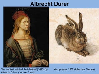 Albrecht Dürer
The earliest painted Self-Portrait (1493) by
Albrecht Dürer, (Louvre, Paris)
Young Hare, 1502 (Albertina, Vienna)
 