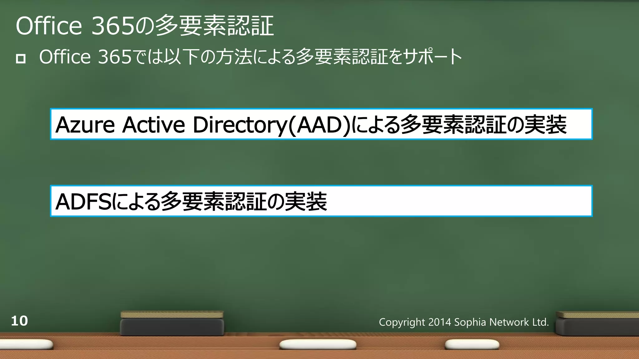 Office 365の多要素認証
 Office 365では以下の方法による多要素認証をサポート
Copyright 2014 Sophia Network Ltd.10
 