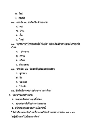 ค. ใหม่
ง. คุณพ่อ
๑๑. จำกข้อ ๑๐ ข้อใดเป็นส่วนขยำย
ก. พ่อ
ข. บ้ำน
ค. ซือ
ง. ใหม่
๑๒. “ลูกหมำน่ำรักของเธอวิ่งไปแล้ว” คขีดเส้นใต้ขยำยส่วนใดของปร
ะโยค
ก. ประธำน
ข. กรรม
ค. กริยำ
ง. ส่วนขยำย
๑๓. จำกข้อ ๑๒ ข้อใดเป็นส่วนขยำยกริยำ
ก. ลูกหมำ
ข. วิ่ง
ค. ของเธอ
ง. ไปแล้ว
๑๔. ข้อใดมีส่วนขยำยประธำน และกริยำ
ก. นกเขำขันเพรำะมำก
ข. มะม่วงเขียวเสวยผลนีอร่อย
ค. คุณพ่อกำลังรับประทำนอำหำร
ง. สุนัขสีดำถูกรถชนตำยเมื่อเช้ำนี
ให้นักเรียนอ่ำนประโยคที่กำหนดให้แล้วตอบคำถำมข้อ ๑๕ – ๑๘
“พรุ่งนีเรำจะไปนำตกสำลิกำ”
 