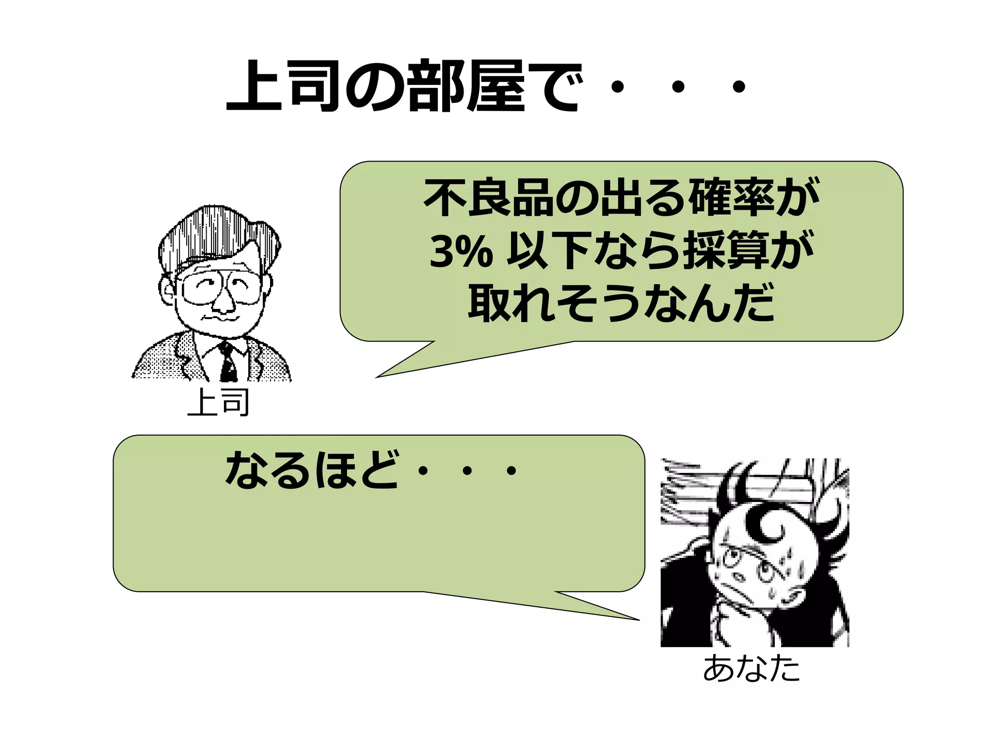 上司の部屋で・・・
不良品の出る確率が
3% 以下なら採算が
取れそうなんだ
上司
なるほど・・・
あなた
 