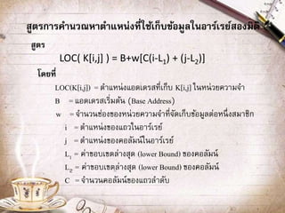 สูตรการคานวณหาตาแหน่งที่ใช้เก็บข้อมูลในอาร์เรย์สองมิติ
สูตร
LOC( K[i,j] ) = B+w[C(i-L1) + (j-L2)]
โดยที่
LOC(K[i,j]) = ตาแหน่งแอดเดรสที่เก็บ K[i,j] ในหน่วยความจา
B = แอดเดรสเริ่มต้น (Base Address)
w = จานวนช่องของหน่วยความจาที่จัดเก็บข้อมูลต่อหนึ่งสมาชิก
i = ตาแหน่งของแถวในอาร์เรย์
j = ตาแหน่งของคอลัมน์ในอาร์เรย์
L1 = ค่าขอบเขตล่างสุด (lower Bound) ของคอลัมน์
L2 = ค่าขอบเขตล่างสุด (lower Bound) ของคอลัมน์
C = จานวนคอลัมน์ของแถวลาดับ
 
