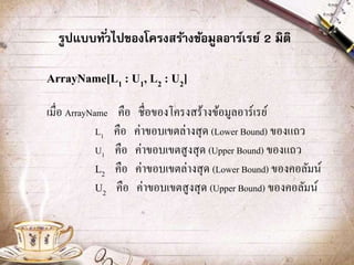 รูปแบบทั่วไปของโครงสร้างข้อมูลอาร์เรย์ 2 มิติ
ArrayName[L1 : U1, L2 : U2]
เมื่อ ArrayName คือ ชื่อของโครงสร้างข้อมูลอาร์เรย์
L1 คือ ค่าขอบเขตล่างสุด (Lower Bound) ของแถว
U1 คือ ค่าขอบเขตสูงสุด (Upper Bound) ของแถว
L2 คือ ค่าขอบเขตล่างสุด (Lower Bound) ของคอลัมน์
U2 คือ ค่าขอบเขตสูงสุด (Upper Bound) ของคอลัมน์
 