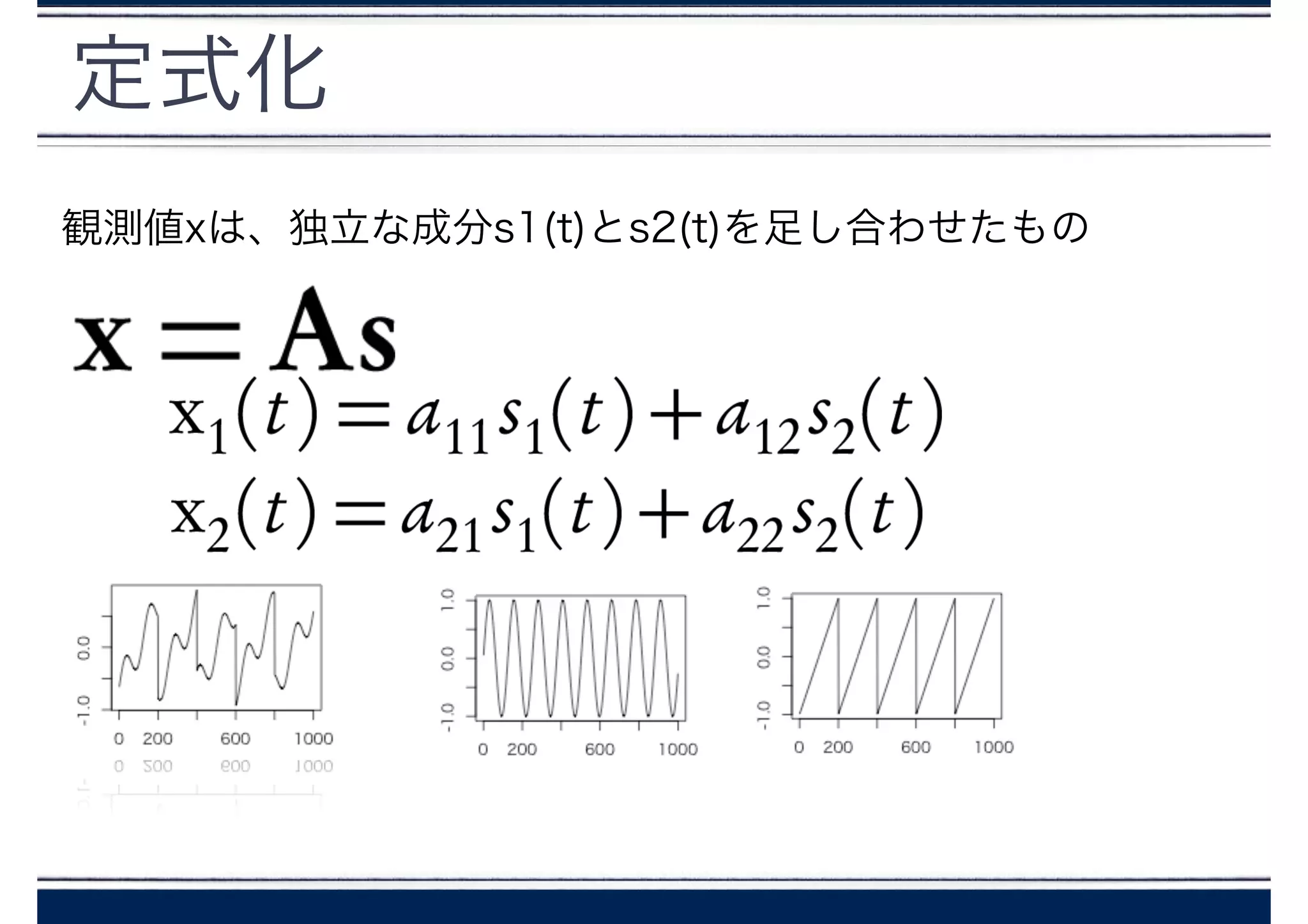 定式化
観測値xは、独立な成分s1(t)とs2(t)を足し合わせたもの
 