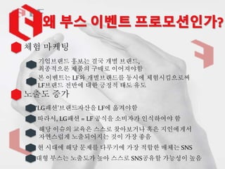체험 마케팅
노출도 증가
본 이벤트는 LF와 개별브랜드를 동시에 체험시킴으로써
LF브랜드 전반에 대한 긍정적 태도 유도
대형 부스는 노출도가 높아 스스로 SNS공유할 가능성이 높음
기업브랜드 홍보는 결국 개별 브랜드,
최종적으론 제품의 구매로 이어져야함
‘LG패션’브랜드자산을 LF에 옮겨야함
따라서, LG패션 = LF 공식을 소비자가 인식하여야 함
해당 이슈의 교육은 스스로 찾아보거나 혹은 지인에게서
자연스럽게 노출되어지는 것이 가장 좋음
현 시대에 해당 문제를 다루기에 가장 적합한 매체는 SNS
 